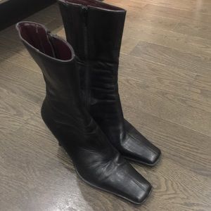 Black leather square toe boots